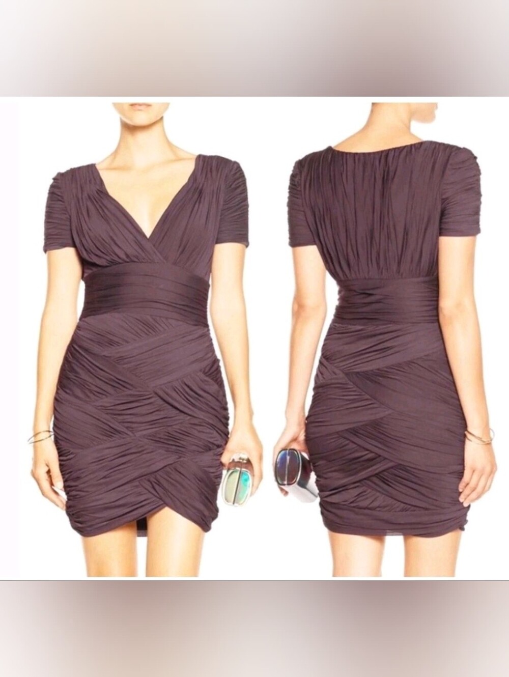 Halston heritage Ruched fitted V-Neck Cocktail Dress in Deep Plum sz S